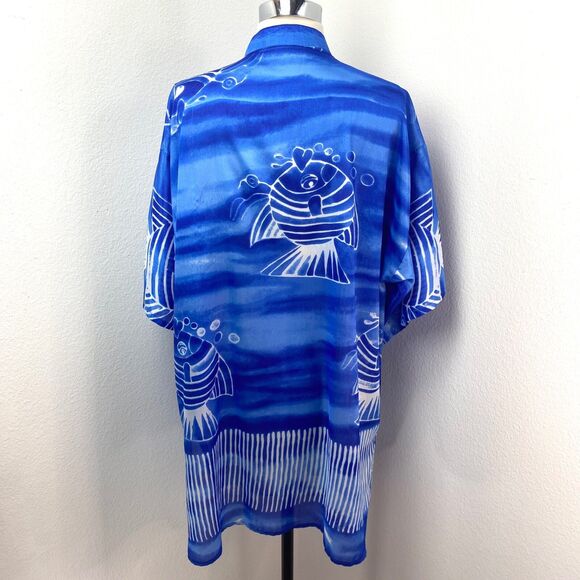 Blue Silky Oversize Semi-Sheer Tunic Blouse 2X Beach Coverup Lounge Boho Resort - Picture 8 of 11